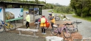 Regrouping at an information pull-off for cars and bikes